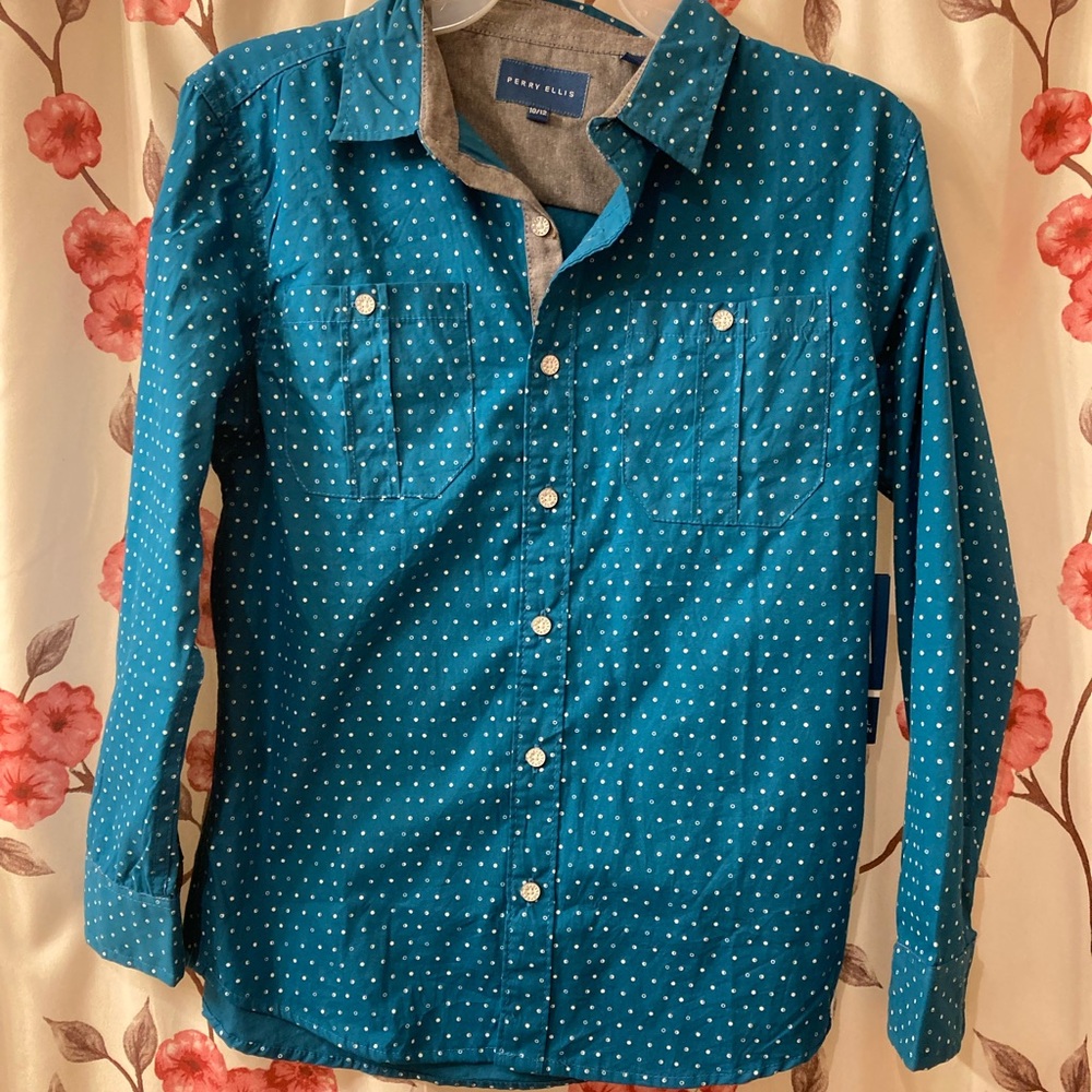Perry Ellis Blue Button Down Dress Shirt Size Youth 10-12 NWT